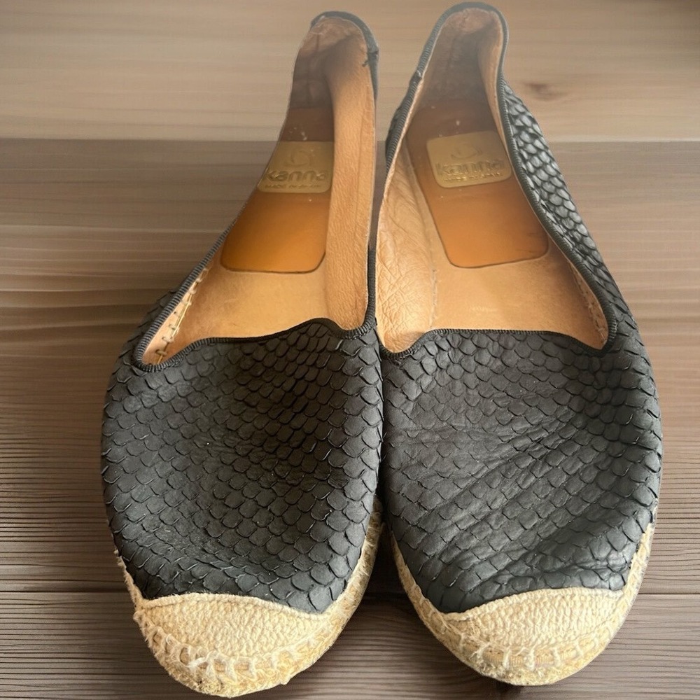Kanna Flats Boho Black Leather Women's Espadrillo Shoes EU 38 US 8 Spain
